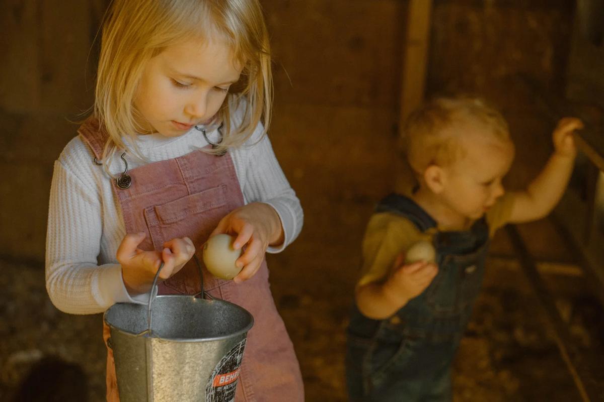 Two young children inside a barn holding eggs